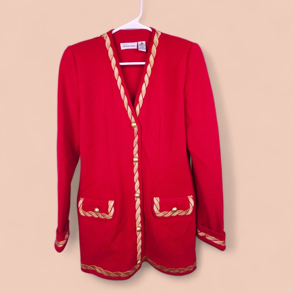 Vtg Dana Buchman Red Wool Cardigan Sweater Gold Rope Trim Holiday Military Med